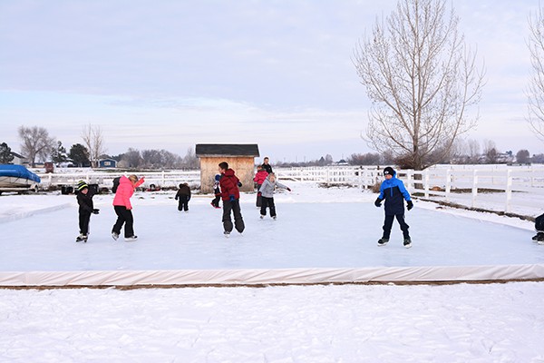 A family skating on a homemade ice skating rink.