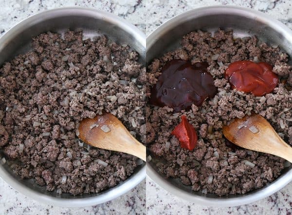 Ground beef, tomato paste, ketchup and barbecue sauce in stainless pan.