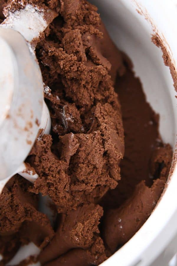 Chocolate cookie dough in bosch mixer.