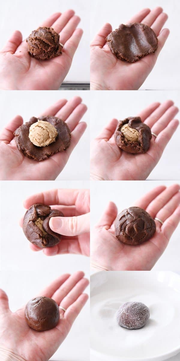 Step-by-step showing how to roll chocolate cookie dough around peanut butter filling.