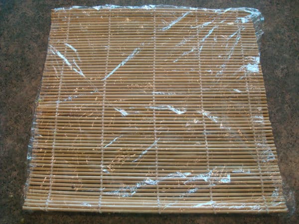 Just Mat bamboo mat laid flat with plastic wrap on top