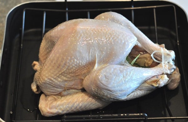 raw turkey rubbed with oil in a roasting pan