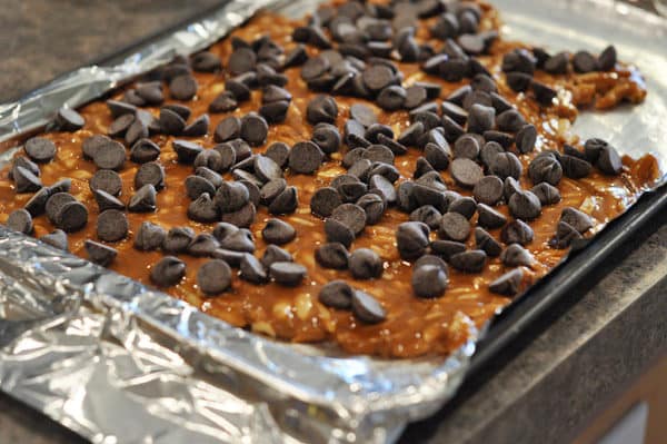 almond roca in a lined cookie sheet with chocolate chips sprinkled on top