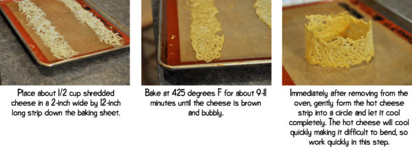 side-by-side photos of how to crisp asiago cheese in a circle shape