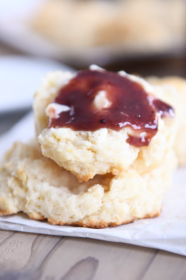 Easy flaky buttermilk drop biscuit with butter and jam.