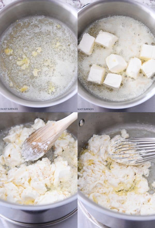 Step by step making homemade alfredo sauce recipe on the stovetop.