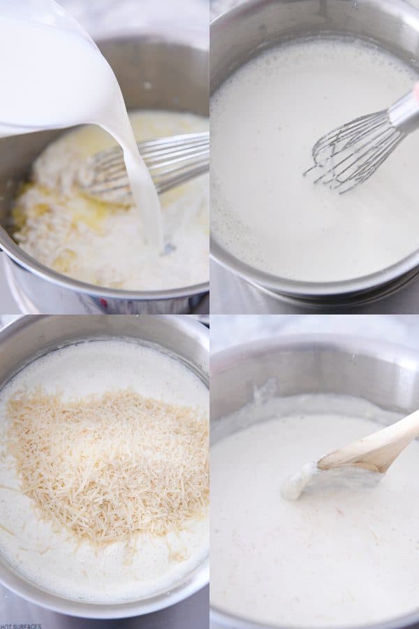 Adding milk and cream cheese and parmesan to the homemade alfredo sauce.