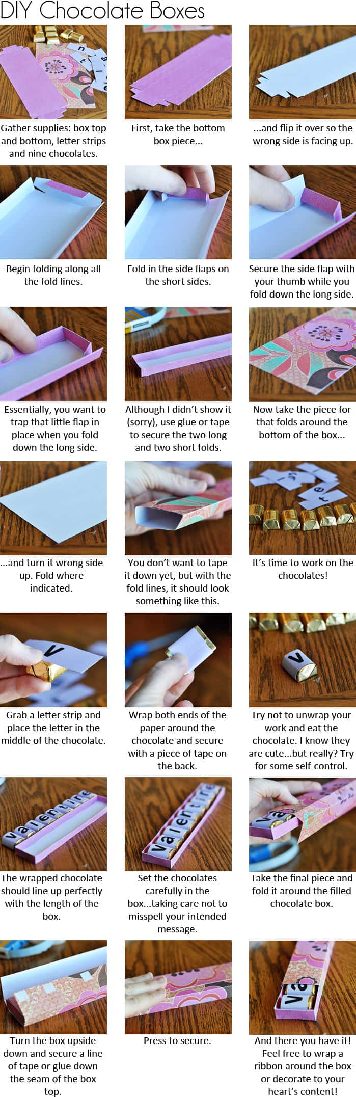 picture collage with step-by-step instructions on how to make a homemade Valentine's Day chocolate box