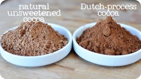 melskitchencafe.com: Cocoa Powder 101 a white bowl of natural unsweetened cocoa next to a white bowl of dutch-process cocoa