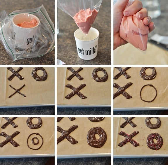 collate of pictures of how to make chocolate X's and O's 