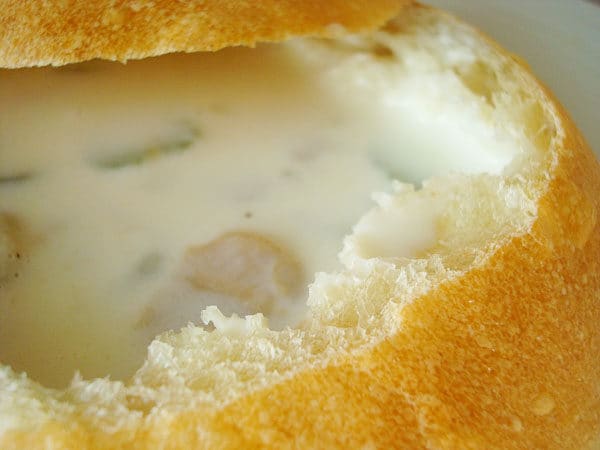 Clam chowder in a bread bowl.