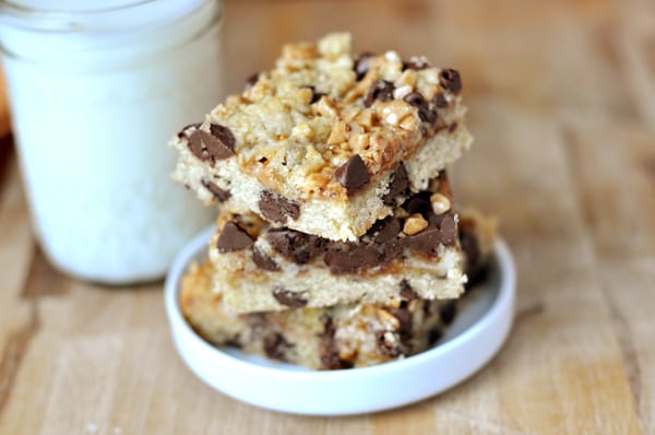 small white ramekin with three stacked chocolate chip toffee bars