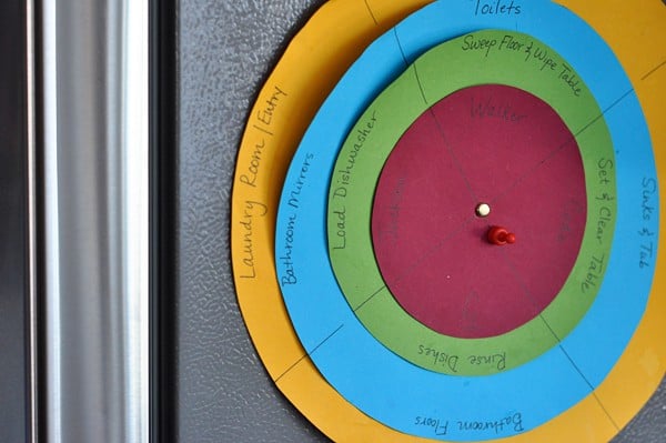 a colored chore chart hanging on a fridge