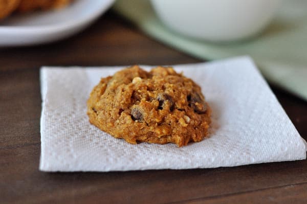 A fluffy chocolate chip pumpkin oat cookie on a napkin.