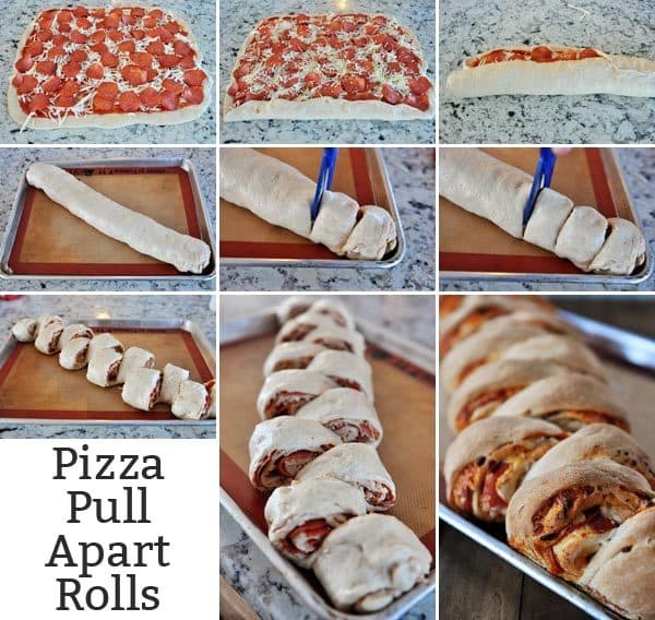 Collage of pictures showing how to assemble pizza pull apart rolls.