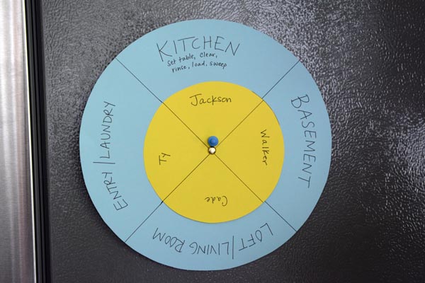 A family chore chart on a fridge.
