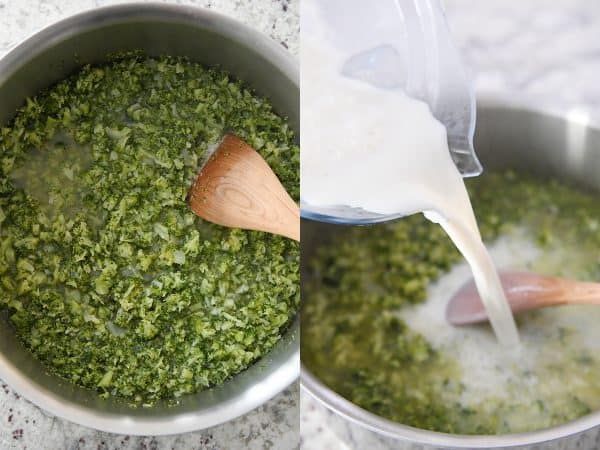 Pouring milk mixture into steamed broccoli.