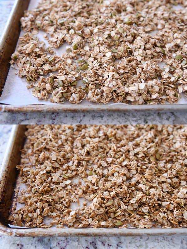 Unbaked brown butter pecan granola and then a lower picture of baked granola.