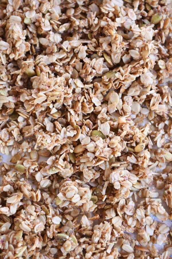 Sheet pan filled with brown butter pecan granola.