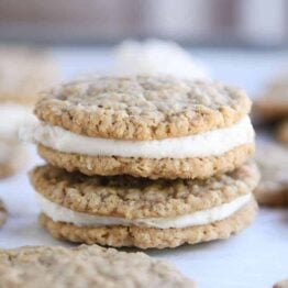 Two homemade oatmeal cream pies stacked on each other.