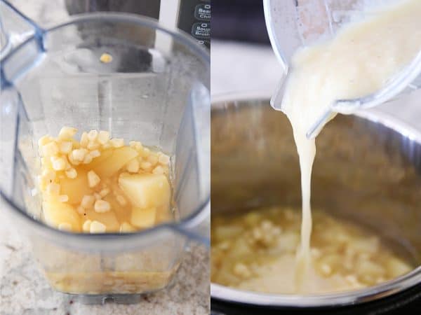 Blending corn and potatoes and pouring mixture back into pressure cooker.