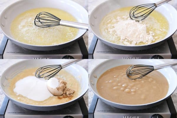 Making sauce for apple cranberry pie in skillet.