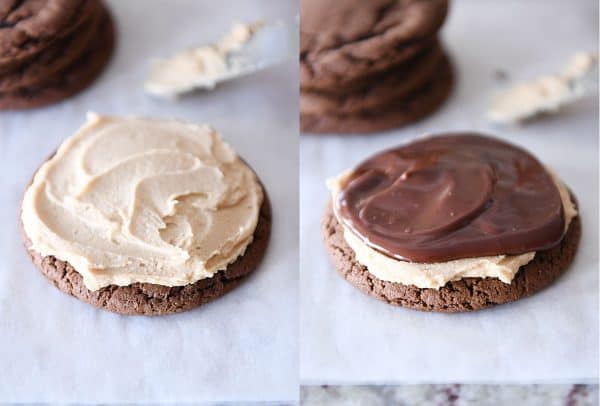 Chocolate cookie with peanut butter frosting and another with frosting and chocolate ganache.