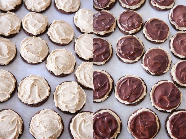 Side by side of unfrosted and frosted chocolate peanut butter buckeye cookies.