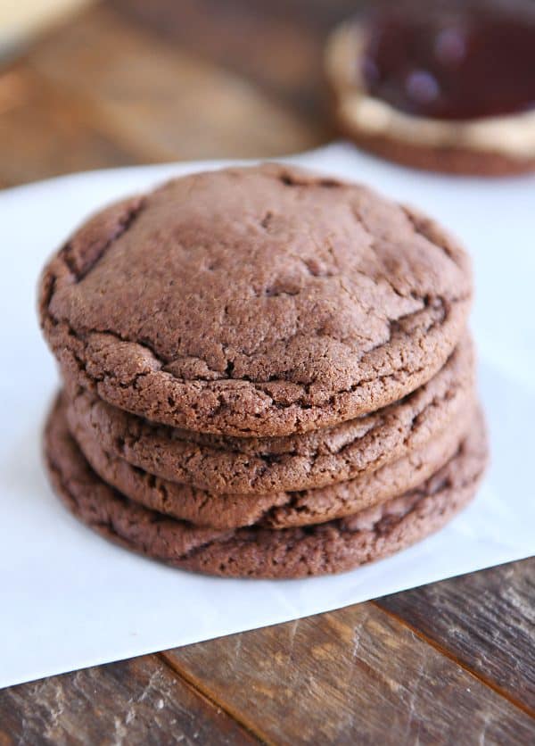 Stack of plain chocolate cookies unfrosted.