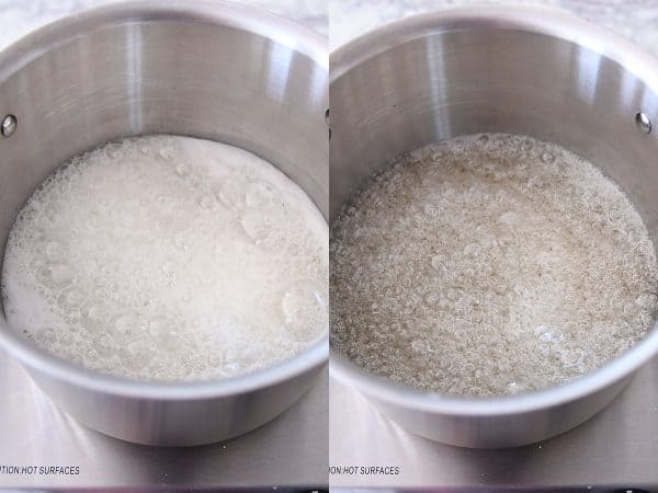 Cooking sugar syrup for caramels in a metal pot.