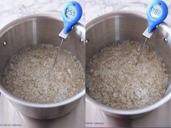 Cooking sugar syrup for caramels in a metal pot.