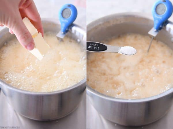 Adding butter and salt to a cooking caramel mixture.