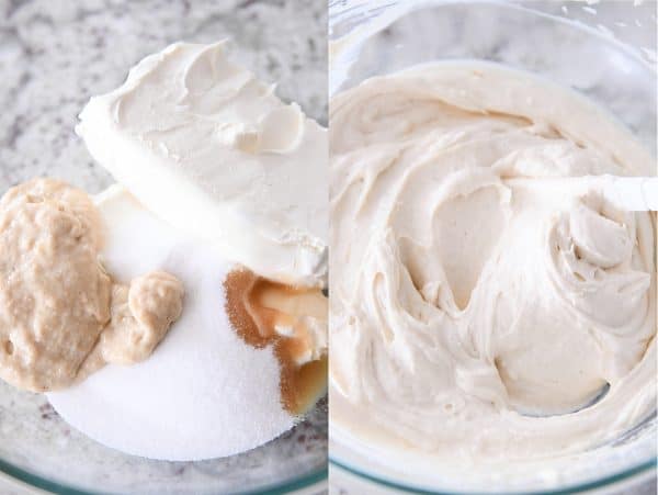 Cream cheese filling getting mixed in a glass bowl.