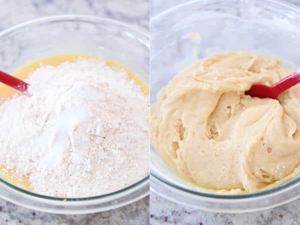 Mixing flour into batter for white chocolate brownies.