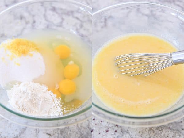 Mixing eggs and sugar and flour together for lemon curd.