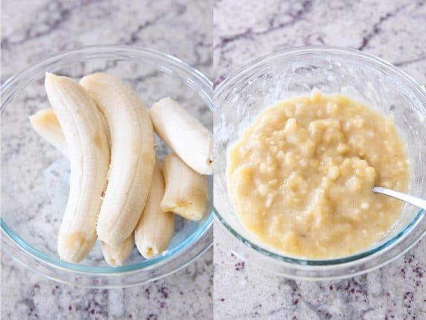 Bananas getting mashed in a glass bowl.
