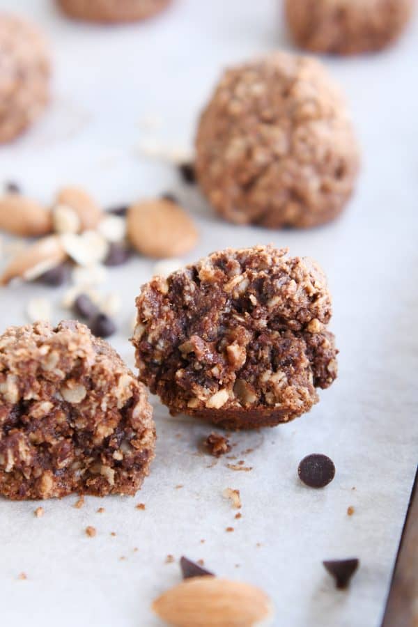 Chocolate peanut butter granola bite broken in half.