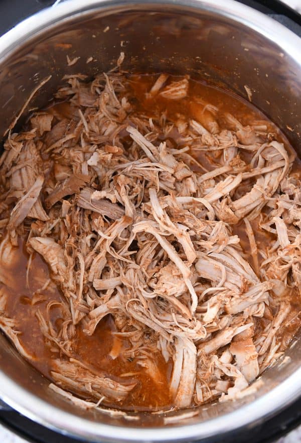 Cooked and shredded pork for instant pot bbq pork tacos.