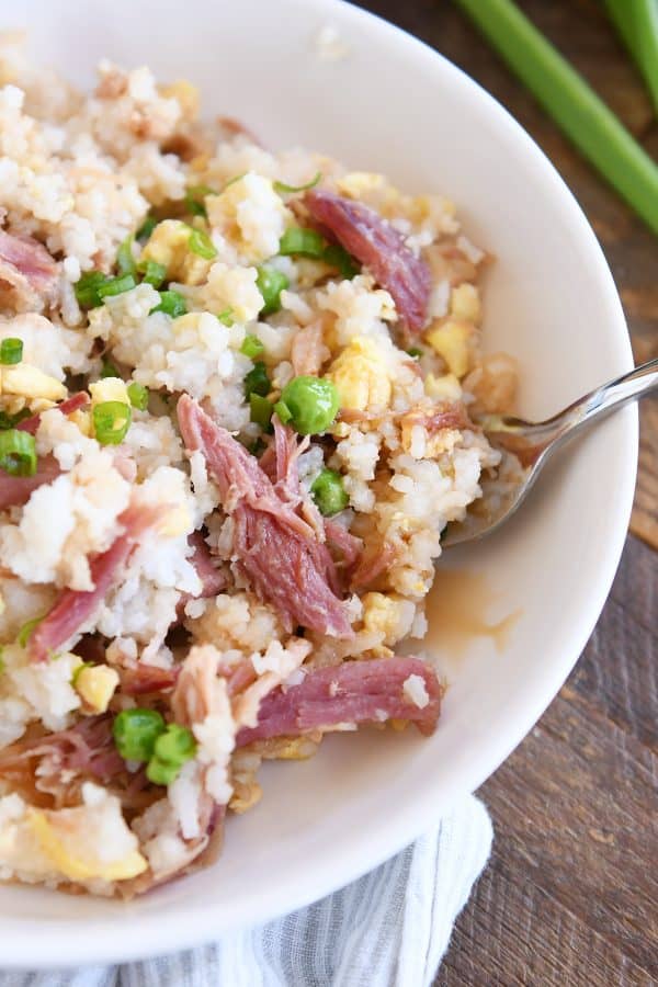 Easy ham fried rice in white bowl.