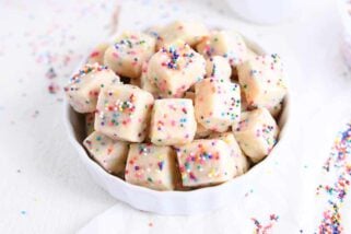 baked funfetti shortbread bites in white bowl