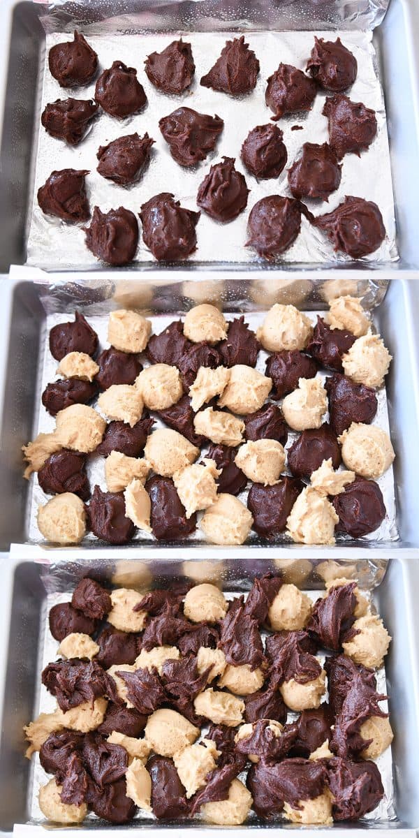 Layering batter in pan for snickerdoodle brookie bars.