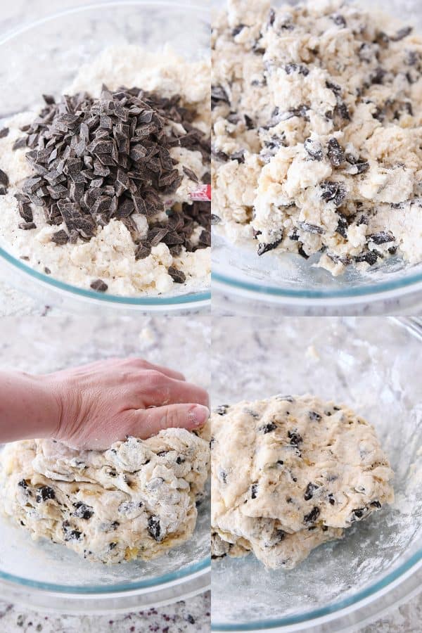 Adding chocolate chunks and mixing scone batter.