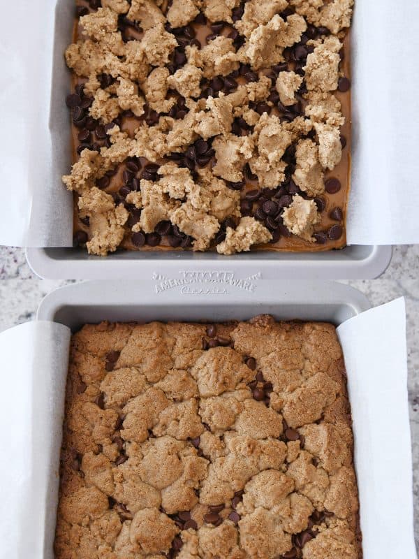 Baked and unbaked pan of cookie bars.