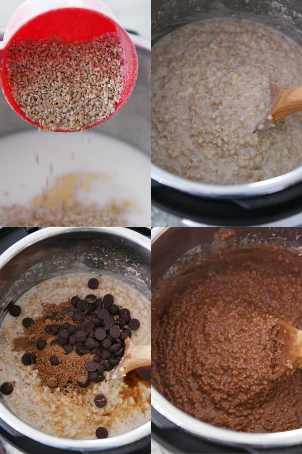 Pouring steel cut oats into instant pot, stirring oatmeal, adding chocolate to oatmeal.