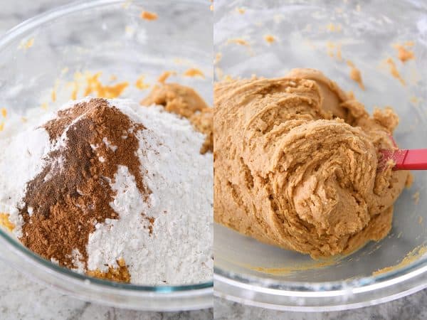 Adding dry ingredients to pumpkin snickerdoodle batter.