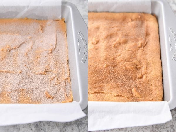 Cinnamon and sugar sprinkled over pumpkin snickerdoodle bars.