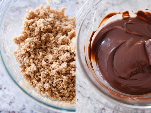 Coconut graham cracker crust and chocolate ganache in glass bowls.