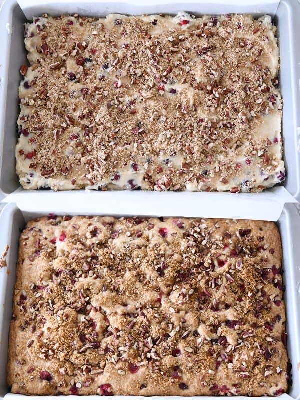 Unbaked and baked cranberry coffee cake with streusel.
