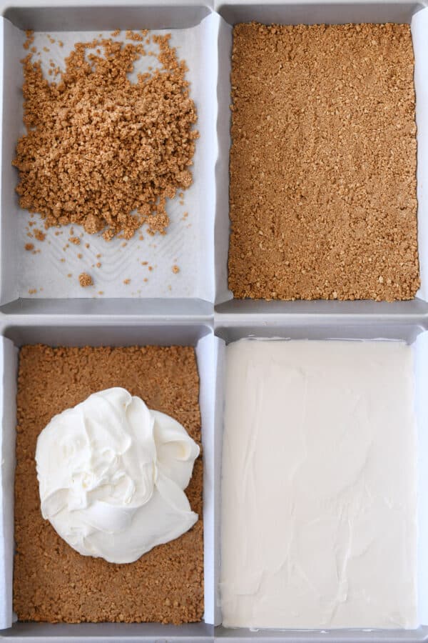 Assembling graham cracker crust and layering cheesecake batter in baked crust.