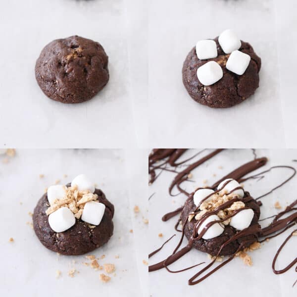 Baked cookie, baked cookie with four mini marshmallows, baked cookie with marshmallows and graham cracker crumbs, baked cookie with chocolate drizzle.